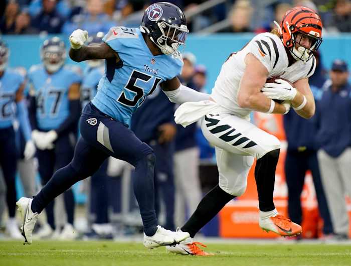 Tennessee Titans linebacker David Long Jr. (51) moves in to tackle Cincinnati Bengals tight end Hayden Hurst (88) during the second quarter at Nissan Stadium Sunday, Nov. 27, 2022, in Nashville, Tenn.